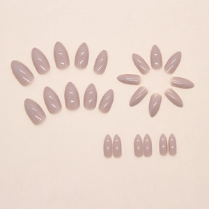 Glossy almond-shaped press-on nails in Morandi purple with 24 pieces in various sizes