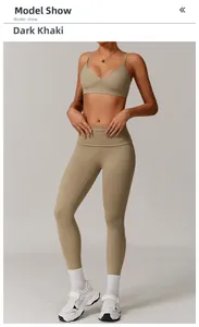 Detail of dark khaki seamless yoga set featuring V-neck sports bra and high-waist leggings