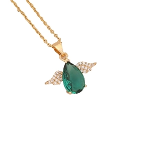 Emerald teardrop zircon necklace with golden angel wing butterfly pendant and elegant chain