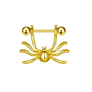 Golden stainless steel spider belly button ring with heart detail on a white background