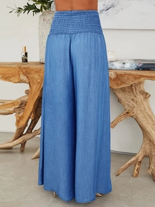 Pantalones de mujer de cintura alta azul cielo con pernera ancha y elástico
