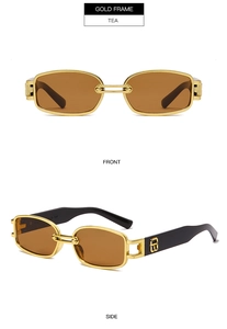 Detail view of retro rectangle sunglasses with gold frames, tea lenses, and side logo