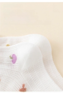 Detailed view of reinforced heel on white mesh breathable cotton baby socks for summer