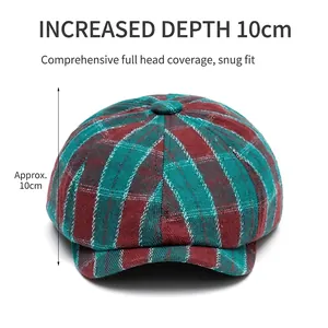 Plaid vintage newsboy cap with green and red check pattern and 10cm deep crown design