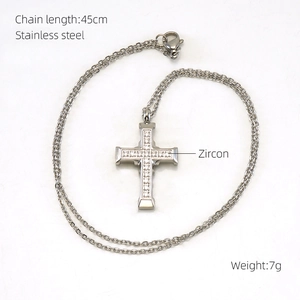 Detail showing 45cm stainless steel chain length and cross pendant weight 7g with zircon