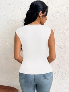 Rear view of an elegant slim fit white sleeveless crop top with smooth fabric texture