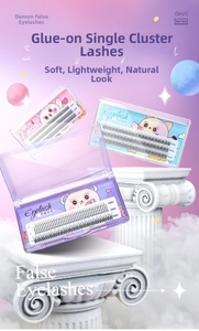 Detailed view of individual Fishtail and Fairy cluster eyelashes in professional packaging