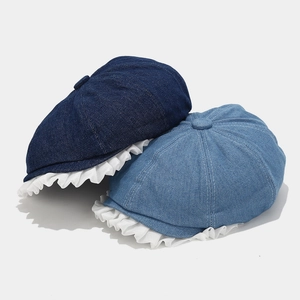Retro Denim Beret Hat For Women With White Lace Ruffle Edge Japanese Vintage Octagonal Painter Cap Newsboy Style Casual