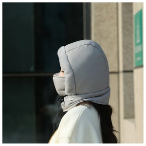 Detail view of winter windproof hat with soft grey plush lining and integrated face mask