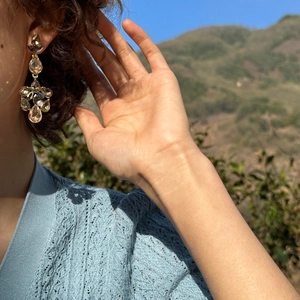 Detail of luxury teardrop tassel earrings with sparkling champagne crystals on model