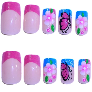 Detailed view of square press-on nails with floral and butterfly hand-painted patterns