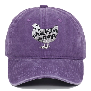Detail of chicken mama embroidery on purple washed cotton vintage baseball cap