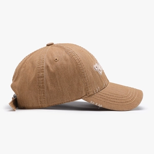 Khaki washed cotton baseball cap with 3D embroidery and vintage distressed details