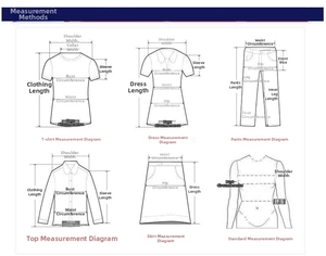 Detailed measurement guide for dresses and tops showing shoulder, bust, and length charts