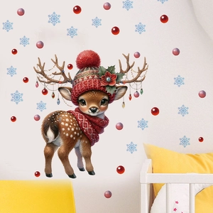 Stickers muraux cerf de Noël avec écharpe rouge et flocons pour déco chambre enfant