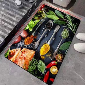 Detailed view of kitchen floor mat featuring salmon and herb prints in 80x50cm size