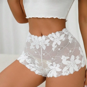 Women High Waist Lace Panties Floral Mesh Sexy Hollow Out Breathable Butt Lifting Slimming Scalloped Edge Underwear