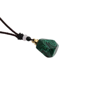 Irregular green malachite perfume bottle pendant on brown woven rope necklace