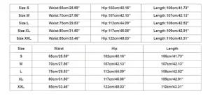 Size chart showing waist, hip, and length measurements for women's Y2K jogger pants