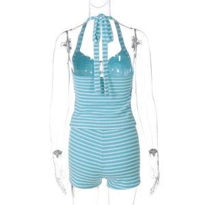 Detailed back view of blue and white striped halter top and shorts set on mannequin