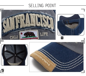 Dettaglio del ricamo San Francisco e fibbia regolabile sul cappello da baseball