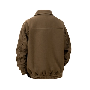 Back view of brown Harrington jacket showing ribbed cuffs and hem with clean seam lines