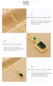 Detailed close-up of emerald-cut green gemstone necklace with white zircon halo on silk