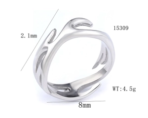Detailed dimensions of silver stainless steel flame ring with 8mm width and 4.5g weight