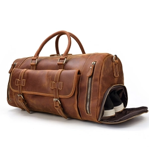 Vintage crazy horse leather travel bag in dark brown with a dedicated shoe compartment