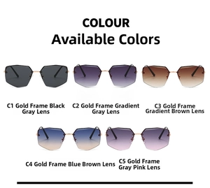 Detailed collection of five rimless geometric sunglasses with gold metal frames and gradient lenses