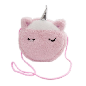 Cute pink and white plush unicorn crossbody bag with silver horn for girls