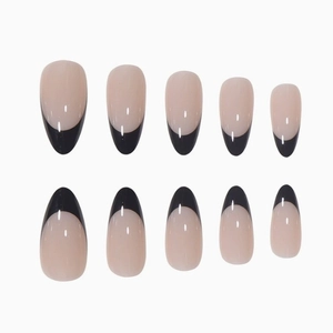 24 Stück Mandel-Kunstnägel mit schwarzen französischen Spitzen und glänzendem Nude-Finish