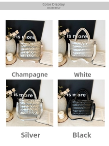 Detailed color display of quilted puffer tote bags in champagne, white, silver, and black