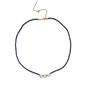 Deep blue faceted stone beaded necklace with baroque pearls and golden clasp