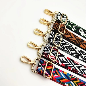 Close-up of narrow adjustable bag straps with ethnic geometric patterns and gold hardware