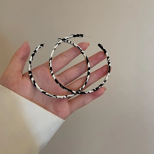 French Vintage Black And White Leather Hoop Earrings With 925 Sterling Silver Earring Post Geometric Minimalist For Women