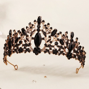Vintage European bridal crown with black crystals and gold metal floral design