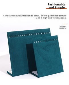 Deep teal velvet L-shape jewelry display boards with slots for necklaces and earrings