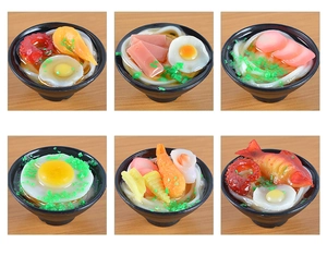 Detailed grid of six miniature ramen bowl models with realistic shrimp and egg toppings