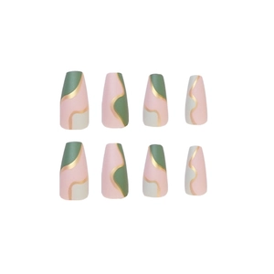 Graffiti color block press on nails with pink olive green and gold wavy lines