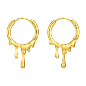 Golden liquid lava style stainless steel drop earrings shown on clean white background