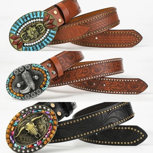 Western Cowboy PU Leather Belt For Women Men Vintage Embossed Pattern Turquoise Artificial Pearl Rhinestone Waist Belt