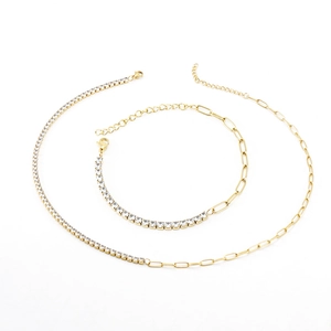 Parure de bijoux en acier inoxydable doré 18K avec collier tennis et chaîne trombone femme
