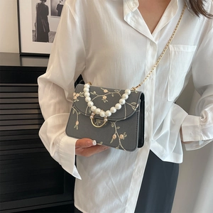 Chic grey square bag with floral embroidery and elegant pearl handle for women