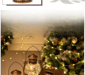 Close-up of vintage Christmas lantern with glitter snow and Santa Claus figurine inside