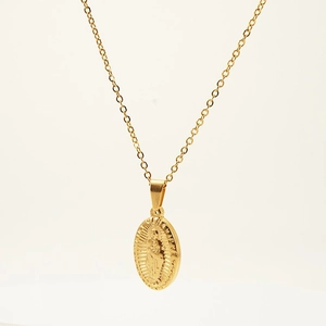 Gold stainless steel necklace with oval Saint Jude pendant and Pray For Us engraving