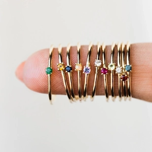 Minimalist Thin Ring Copper Gold Plated Round Cut Colorful Cubic Zirconia Dainty Band Jewelry For Women