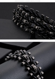 Détails du bracelet punk en cuir tressé noir avec breloques tête de mort et rivets en métal