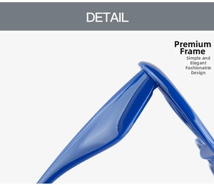 Detail view of glossy blue heart-shaped sunglasses frame with a minimalist trendy design