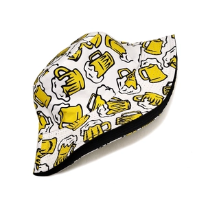 Detailed view of high-density canvas sun hat with yellow cartoon beer mug pattern